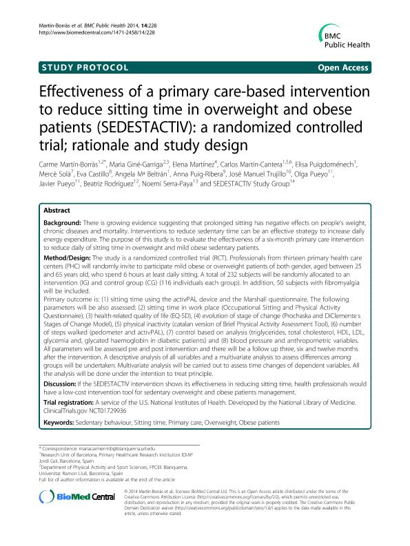 Effectiveness of a primary care-based intervention to reduce sitting time in overweight and obese patients (SEDESTACTIV): a randomized controlled trial; rationale and study design