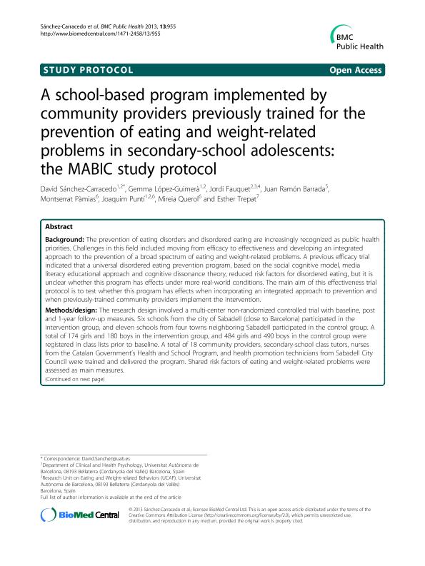 A school-based program implemented by community providers previously trained for the prevention of eating and weight-related problems in secondary-school adolescents: The MABIC study protocol