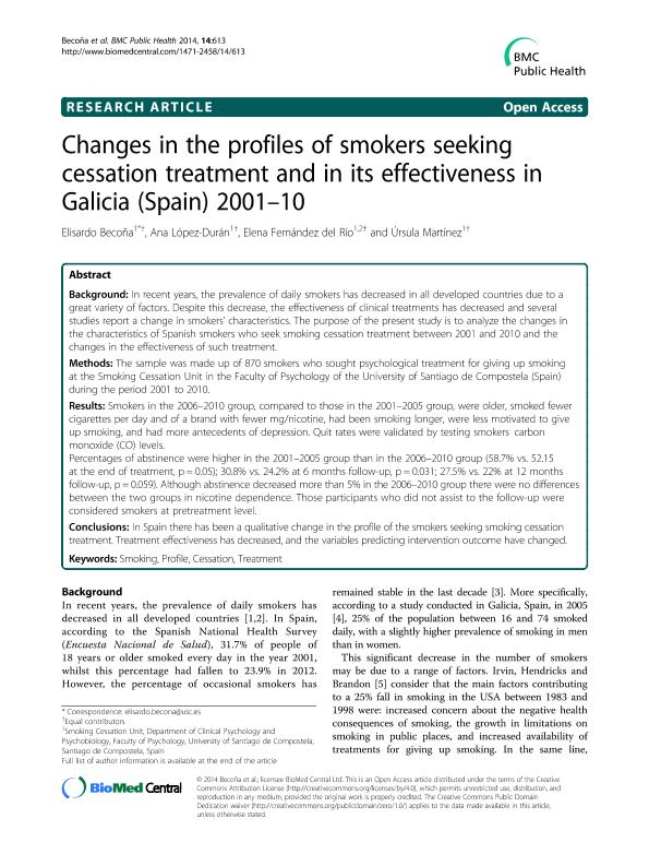 Changes in the profiles of smokers seeking cessation treatment and in its effectiveness in Galicia (Spain) 2001-10