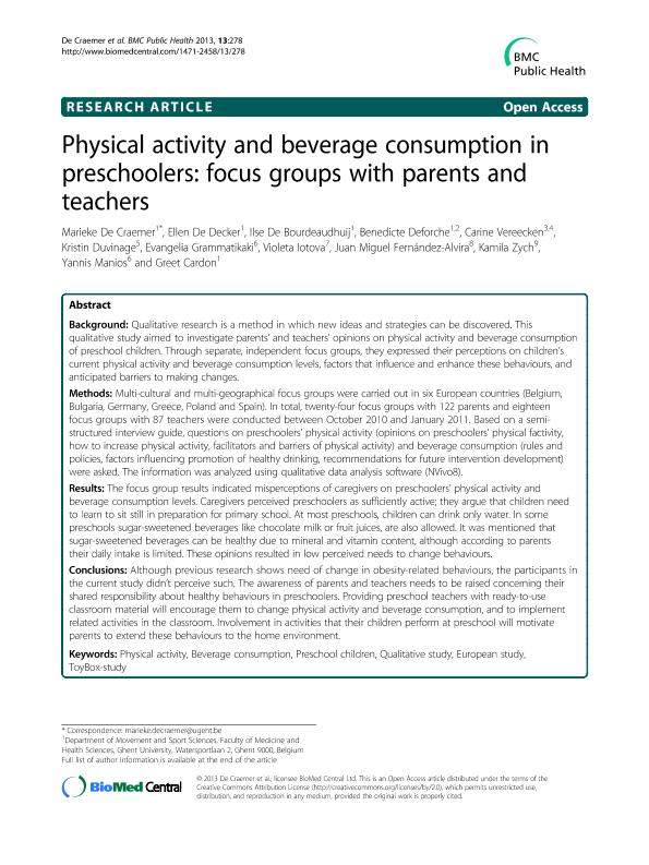 Physical activity and beverage consumption in preschoolers: Focus groups with parents and teachers