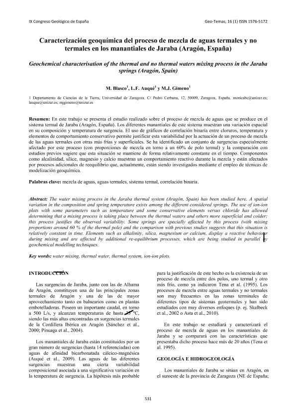 Caracterización geoquímica del proceso de mezcla de aguas termales y no termales en los manantiales de Jaraba (Aragón, España).