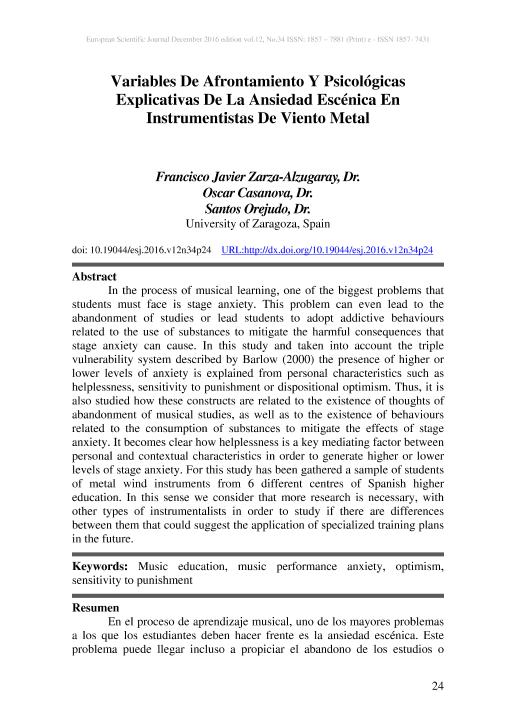 Variables de afrontamiento y psicológicas explicativas de la ansiedad escénica en instrumentistas de viento metal
