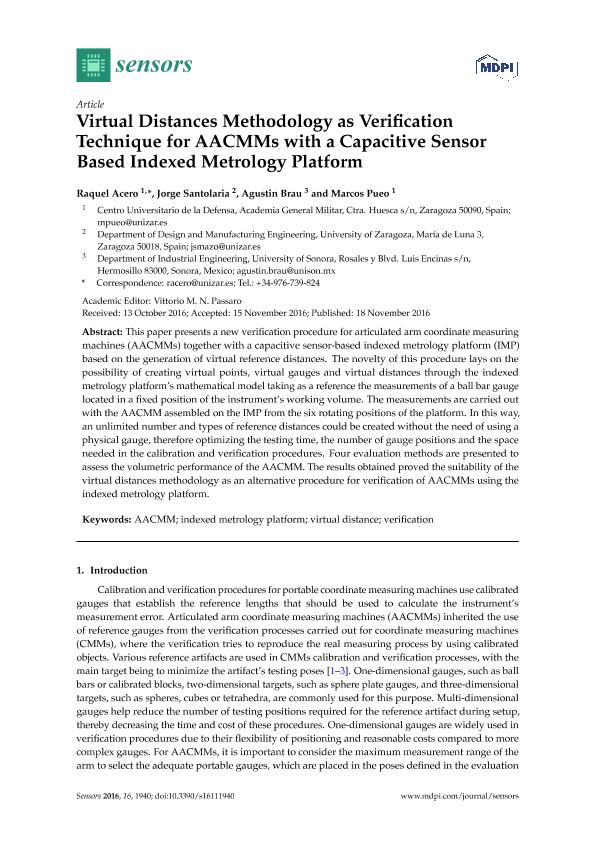 Virtual distances methodology as verification technique for AACMMs with a capacitive sensor based indexed metrology platform