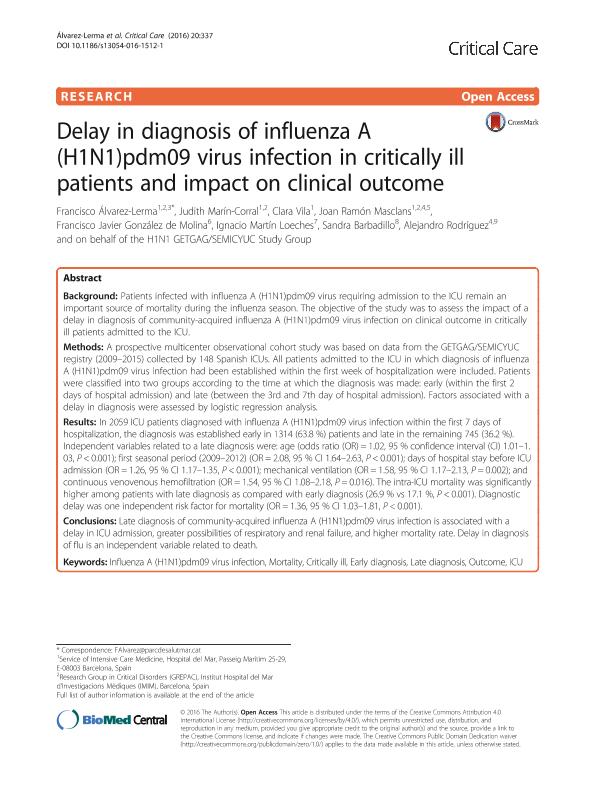 Delay in diagnosis of influenza A (H1N1)pdm09 virus infection in critically ill patients and impact on clinical outcome