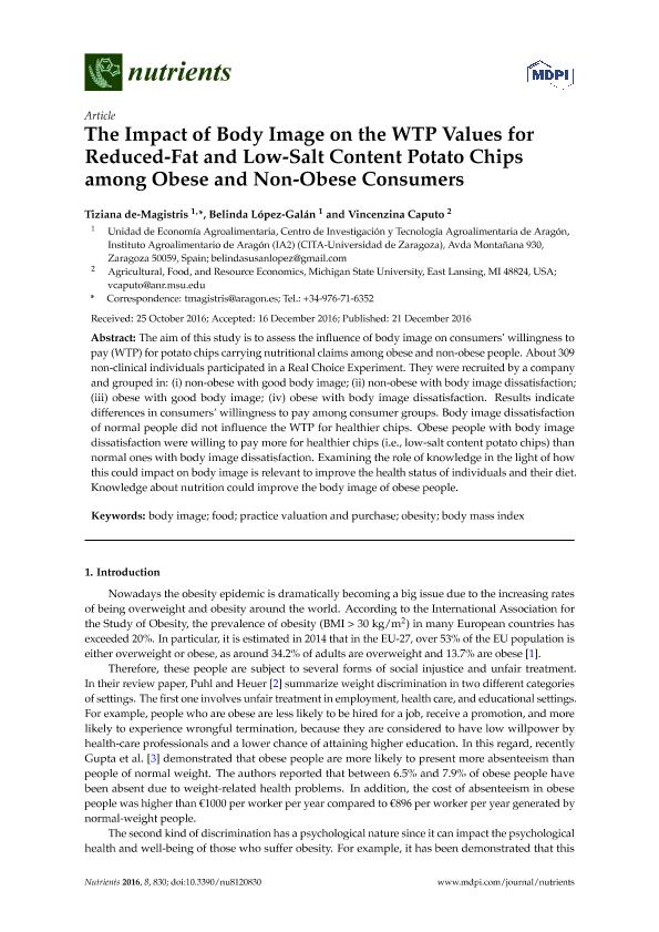 The impact of body image on the WTP values for reduced-fat and low-salt content potato chips among obese and non-obese consumers