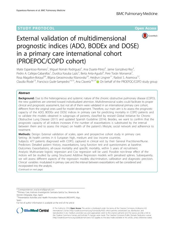 External validation of multidimensional prognostic indices (ADO, BODEx and DOSE) in a primary care international cohort (PROEPOC/COPD cohort)