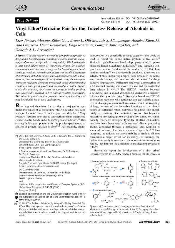 Vinyl Ether/Tetrazine Pair for the Traceless Release of Alcohols in Cells