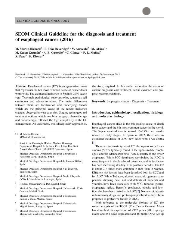 SEOM Clinical Guideline for the diagnosis and treatment of esophageal cancer (2016)