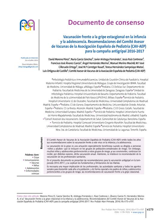 Vacunación frente a la gripe estacional en la infancia y la adolescencia. Recomendaciones del Comité Asesor de Vacunas de la Asociación Española de Pediatría (CAV-AEP) para la campaña antigripal 2016-2017