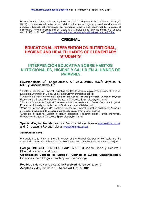 Educational intervention on nutritional, hygiene and health habits, in pupils of elementary (Intervención educativa sobre hábitos nutricionales, higiene y salud en alumnos de primaria)