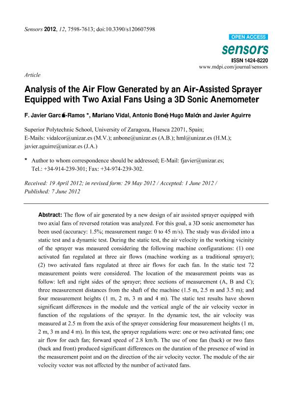 Analysis of the air flow generated by an air-assisted sprayer equipped with two axial fans using a 3D sonic anemometer