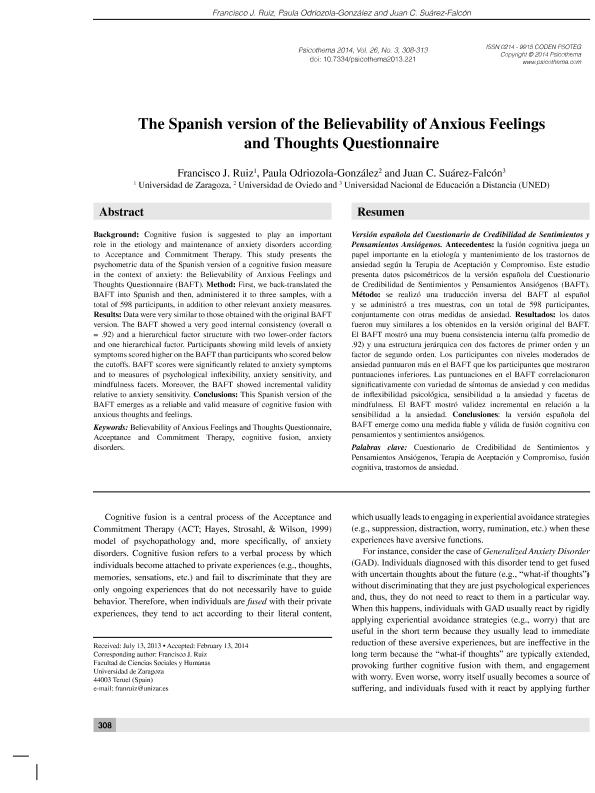 The Spanish version of the believability of anxious feelings and Thoughts Questionnaire