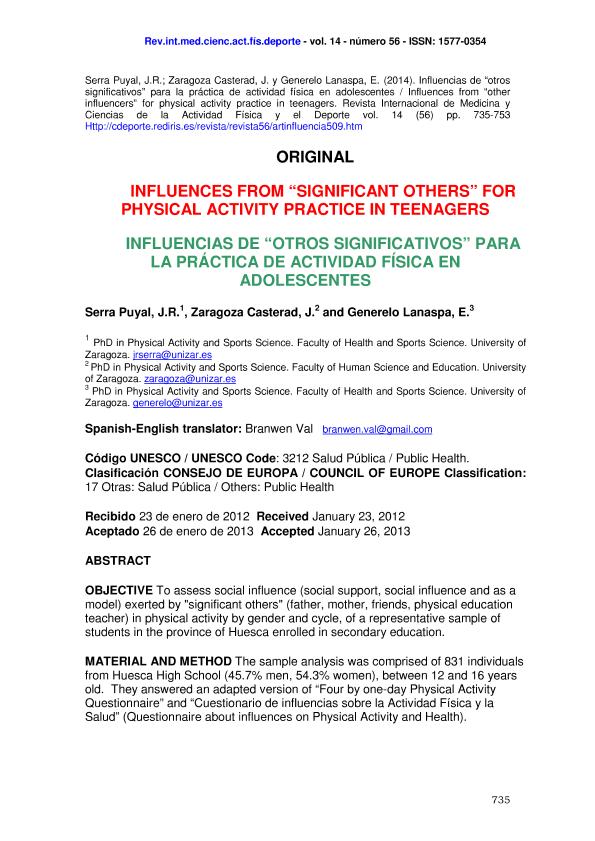 Influences from “significant others” for physical activity practice in teenagers (Influencias de otros significativos para la práctica de actividad física en adolescentes)