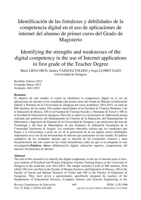 Identificación de las fortalezas y debilidades de la competencia digital en el uso de aplicaciones de internet del alumno de primer curso del Grado de Magisterio
