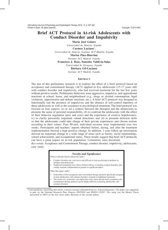 Brief ACT protocol in at-risk adolescents with conduct disorder and impulsivity
