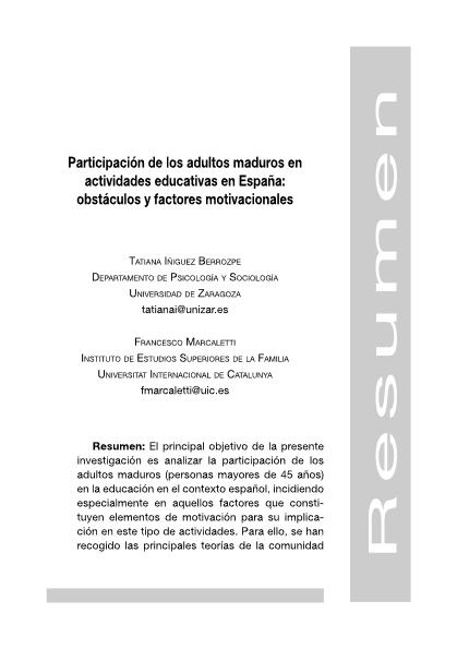 Participación de los adultos maduros en actividades educativas en España: obstáculos y factores motivacionales