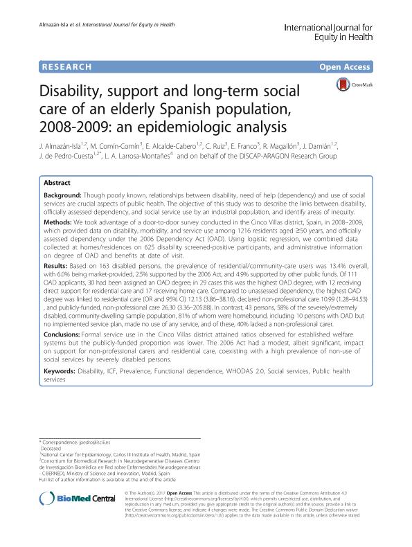 Disability, support and long-term social care of an elderly Spanish population, 2008-2009: An epidemiologic analysis