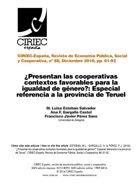 ¿Presentan las cooperativas contextos favorables para la igualdad de género?: Especial referencia a la provincial de Teruel