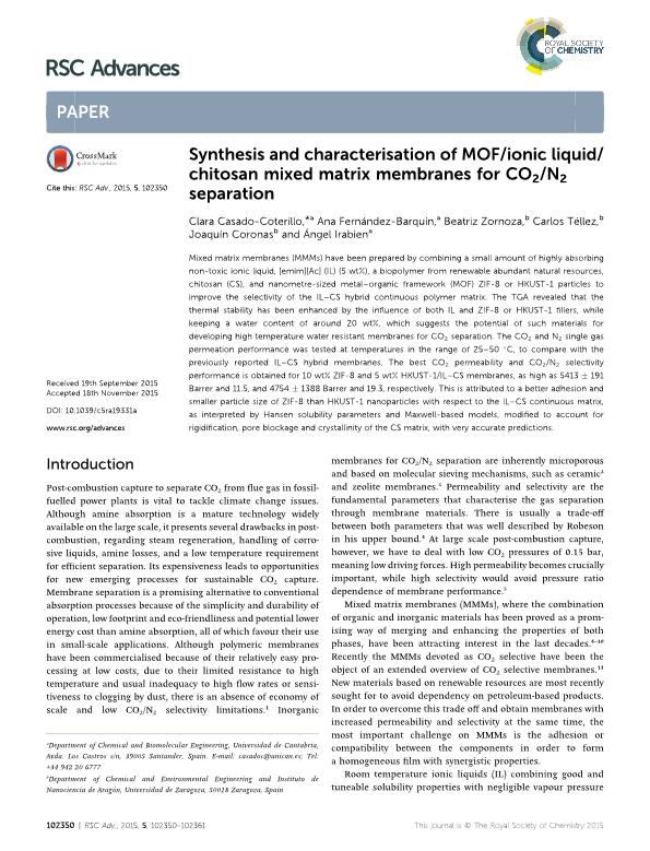 Synthesis and characterisation of MOF/ionic liquid/chitosan mixed matrix membranes for CO2/N2 separation