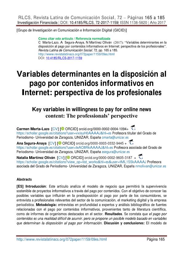 Variables determinantes en la disposición al pago por contenidos informativos en Internet: perspectiva de los profesionales