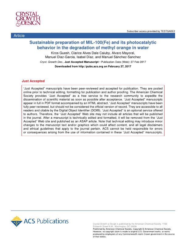 Sustainable preparation of MIL-100(Fe) and its photocatalytic behavior in the degradation of methyl orange in water