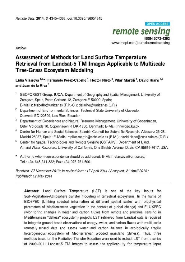 Assessment of Methods for Land Surface Temperature Retrieval from Landsat-5 TM Images Applicable to Multiscale Tree-grass Ecosystem Modeling