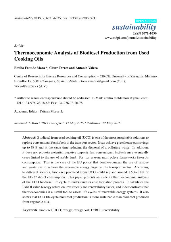 Thermoeconomic analysis of biodiesel production from used cooking oils