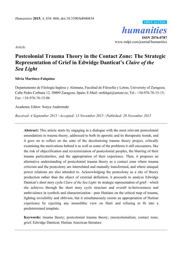 Postcolonial Trauma Theory in the Contact Zone: The Strategic Representation of Grief in Edwidge Danticat’s Claire of the Sea Light