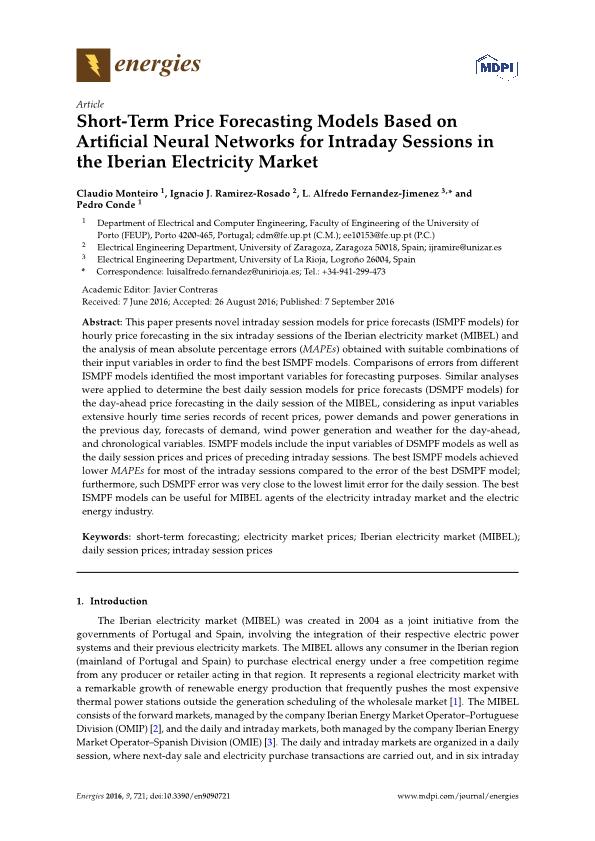 Short-Term Price Forecasting Models Based on Artificial Neural Networks for Intraday Sessions in the Iberian Electricity Market