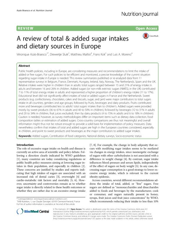 A review of total & added sugar intakes and dietary sources in Europe