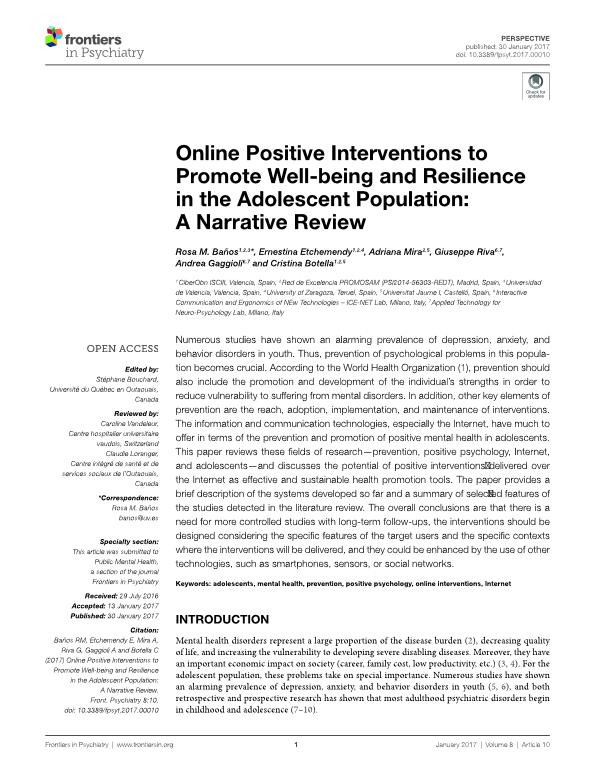 Online positive interventions to promote well-being and resilience in the adolescent population: A narrative review