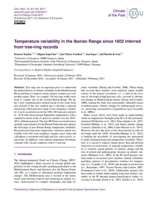 Temperature variability in the Iberian Range since 1602 inferred from tree-ring records