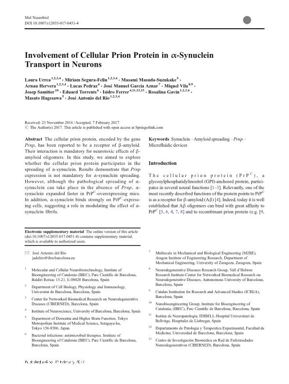 Involvement of Cellular Prion Protein in a-Synuclein Transport in Neurons