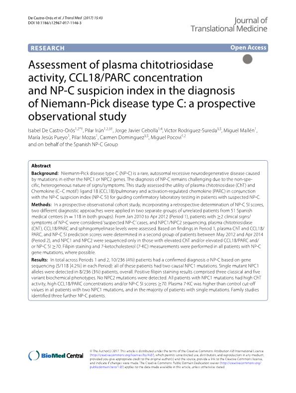 Assessment of plasma chitotriosidase activity, CCL18/PARC concentration and NP-C suspicion index in the diagnosis of Niemann-Pick disease type C: A prospective observational study