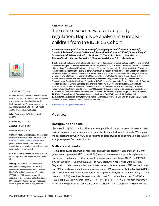 The role of neuromedin U in adiposity regulation. Haplotype analysis in European children from the IDEFICS Cohort