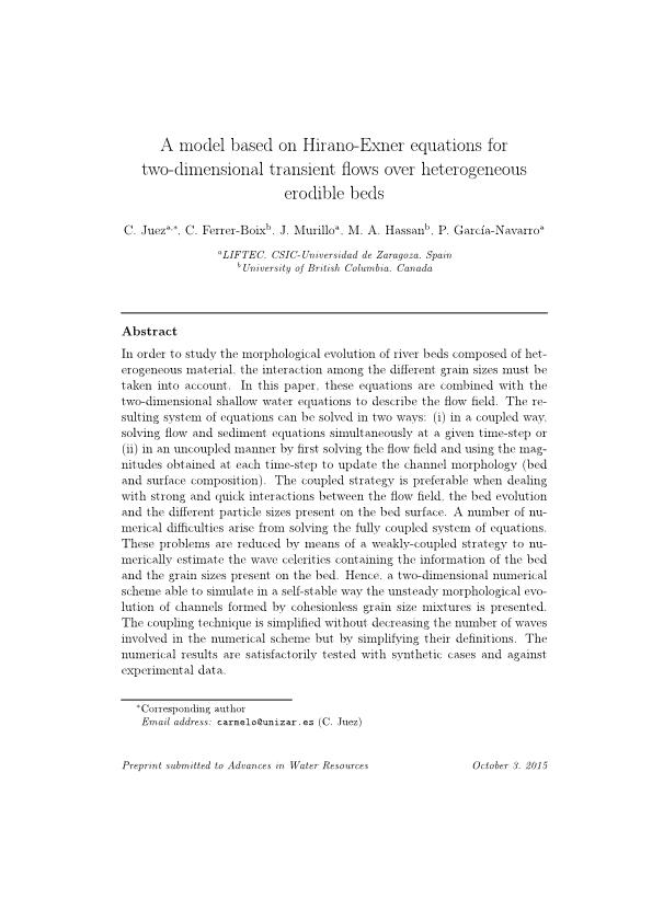 A model based on Hirano-Exner equations for two-dimensional transient flows over heterogeneous erodible beds
