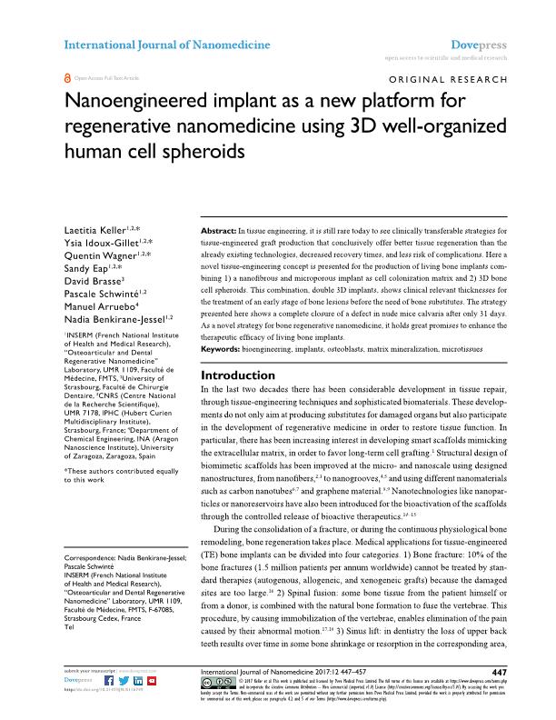 Nanoengineered implant as a new platform for regenerative nanomedicine using 3D well-organized human cell spheroids
