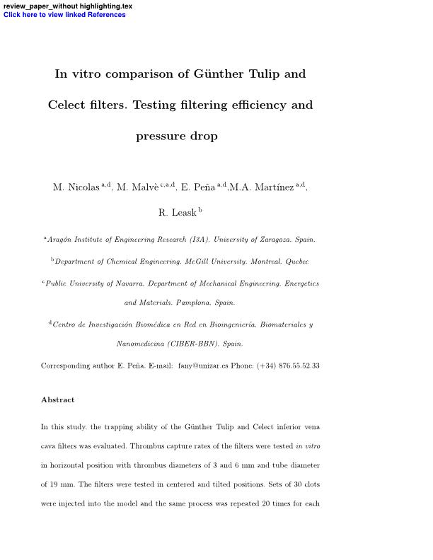 In vitro comparison of Günther Tulip and Celect filters. Testing filtering efficiency and pressure drop