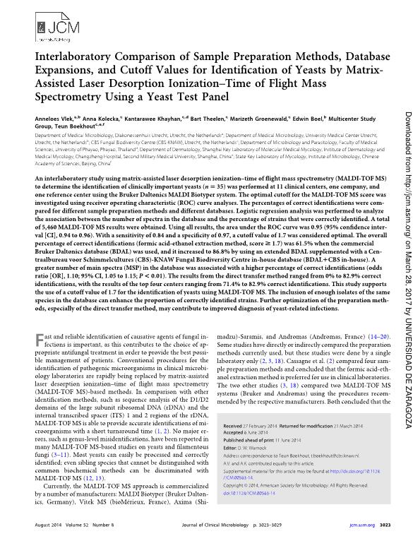 Interlaboratory comparison of sample preparation methods, database expansions, and cutoff values for identification of yeasts by matrix-assisted laser desorption ionization-time of flight mass spectrometry using a yeast test panel