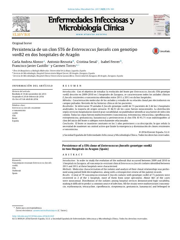 Persistencia de un clon ST6 de Enterococcus faecalis con genotipo vanB2 en dos hospitales de Aragón