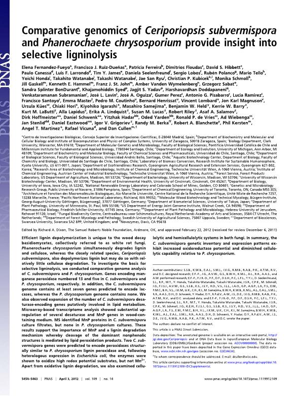 Comparative genomics of Ceriporiopsis subvermispora and Phanerochaete chrysosporium provide insight into selective ligninolysis