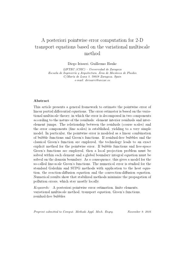 A posteriori pointwise error computation for 2-D transport equations based on the variational multiscale method