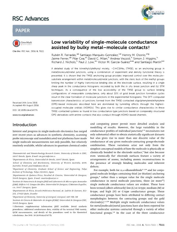 Low variability of single-molecule conductance assisted by bulky metal–molecule contacts