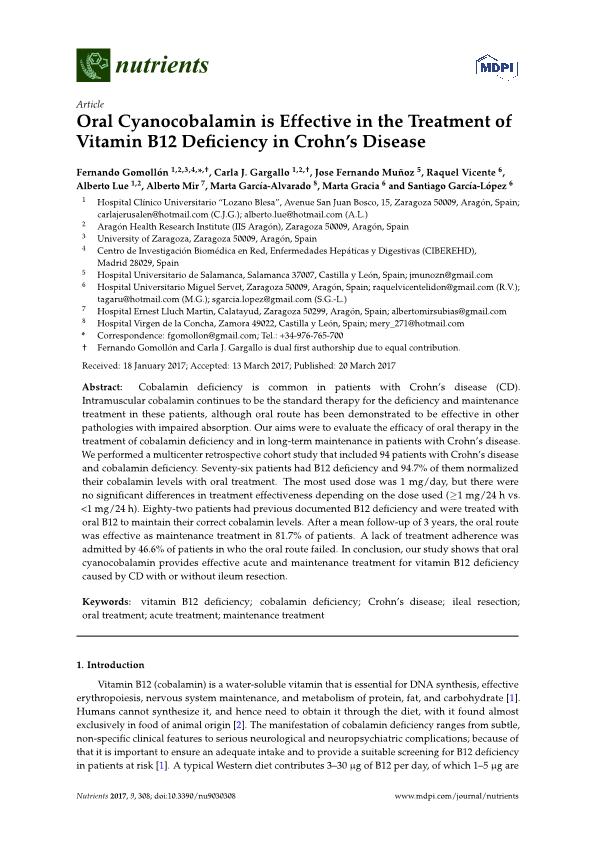 Oral cyanocobalamin is effective in the treatment of vitamin B12 deficiency in crohn’s disease