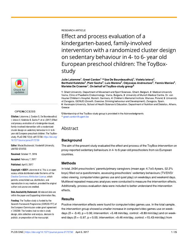 Effect and process evaluation of a kindergarten-based, family-involved intervention with a randomized cluster design on sedentary behaviour in 4- to 6-year old European preschool children: The ToyBoxstudy