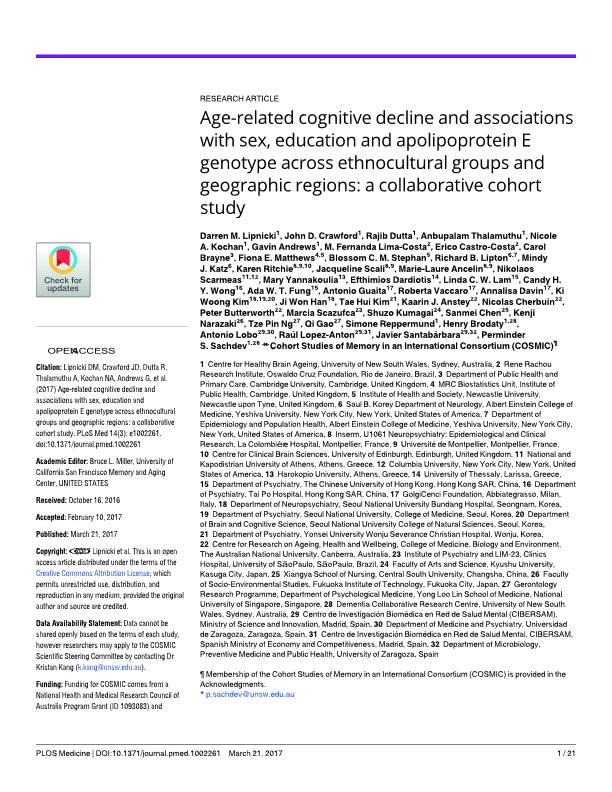 Age-related cognitive decline and associations with sex, education and apolipoprotein E genotype across ethnocultural groups and geographic regions: a collaborative cohort study