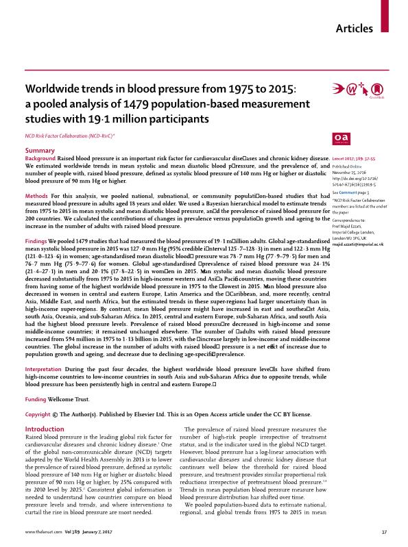 Worldwide trends in blood pressure from 1975 to 2015: a pooled analysis of 1479 population-based measurement studies with 19·1 million participants