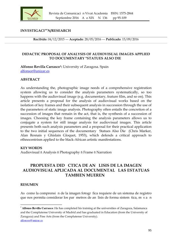 Didactic proposal of analysis of audiovisual images applied to documentary 