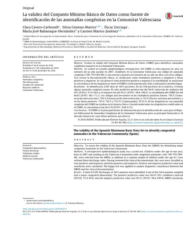 La validez del Conjunto Mínimo Básico de Datos como fuente de identificación de las anomalías congénitas en la Comunitat Valenciana