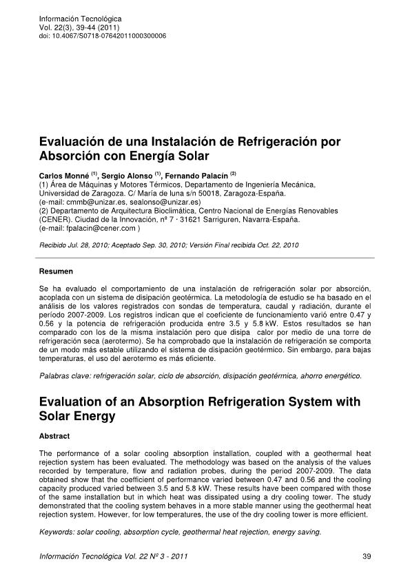Evaluación de una Instalación de Refrigeración por Absorción con Energía Solar